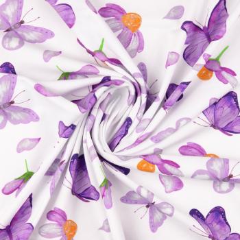 Baumwolljersey Blüten und Schmetterlinge Lila auf Weiß